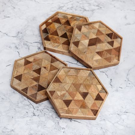 Hexagon Wooden Coasters for Home Decor - Pack of 4